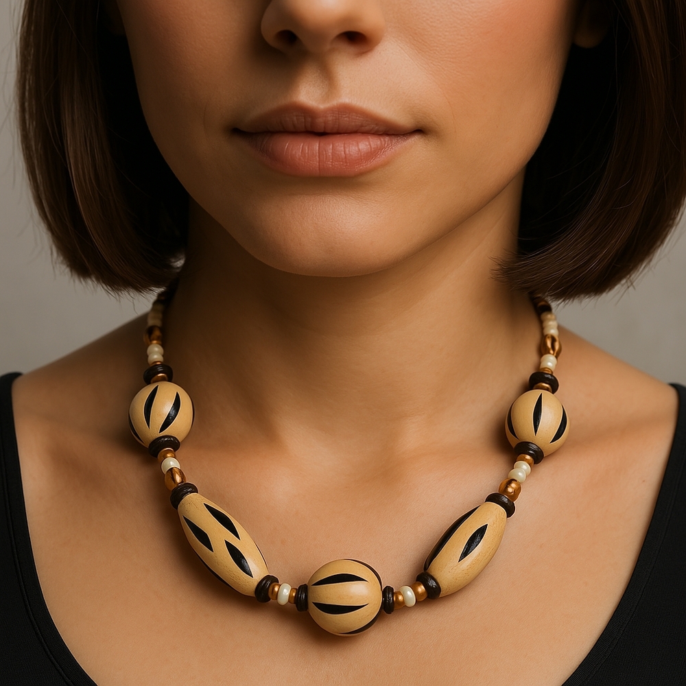 Boho Handmade Beige and Black Tribal Beaded Necklace - Women's Fashion Jewelry